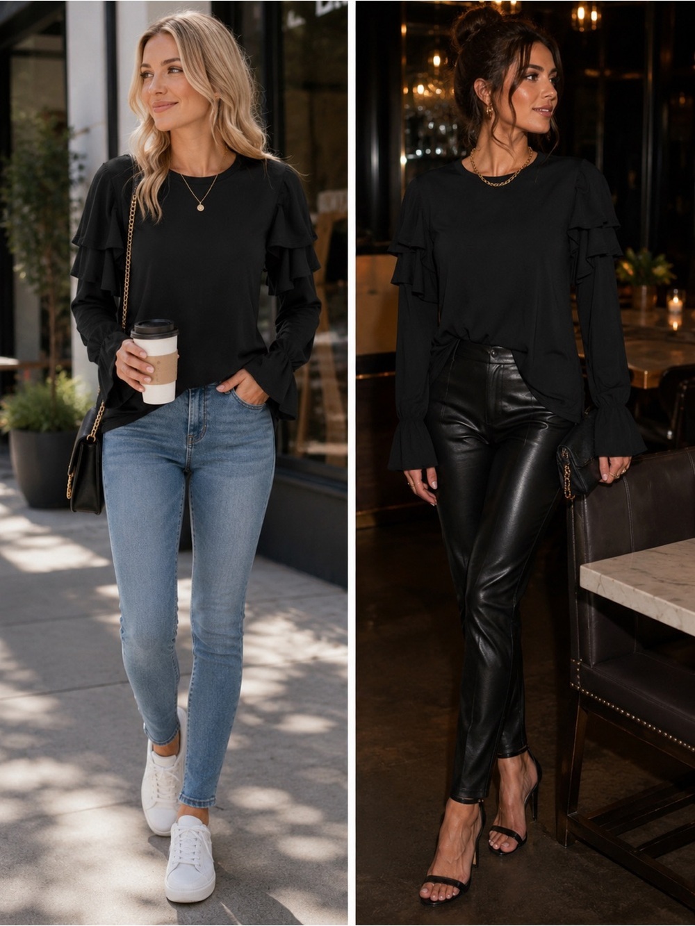 HALSTON black long sleeve ruffle frill blouse top Sz S NWT